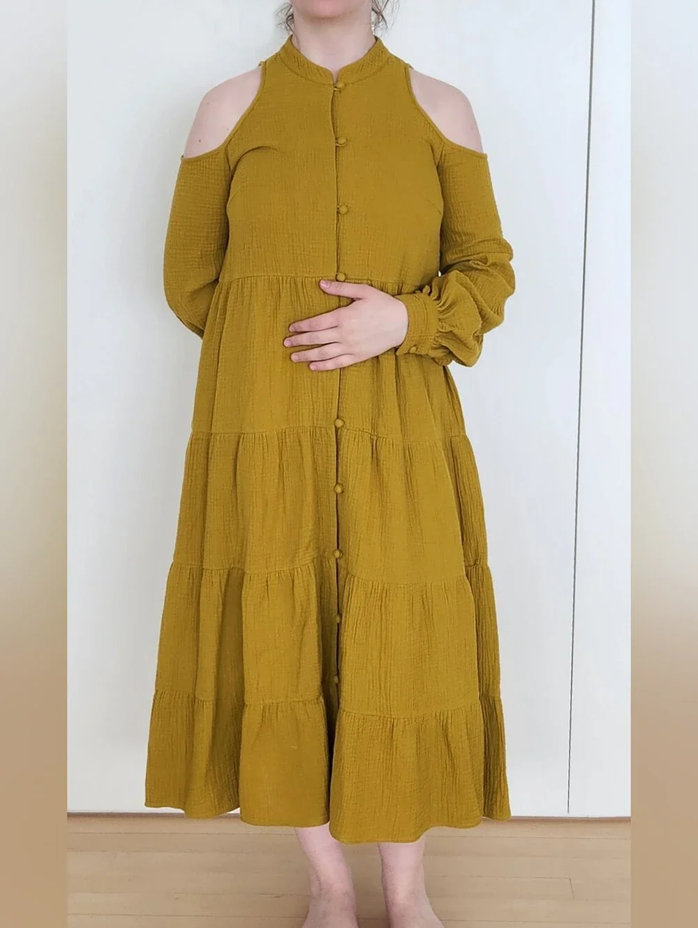 Tiered Button-Front Midi Dress in Mustard